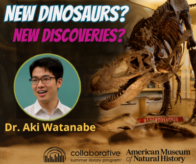 Photos of a dinosaur skeleton and an Asian man with glasses. Text reads: