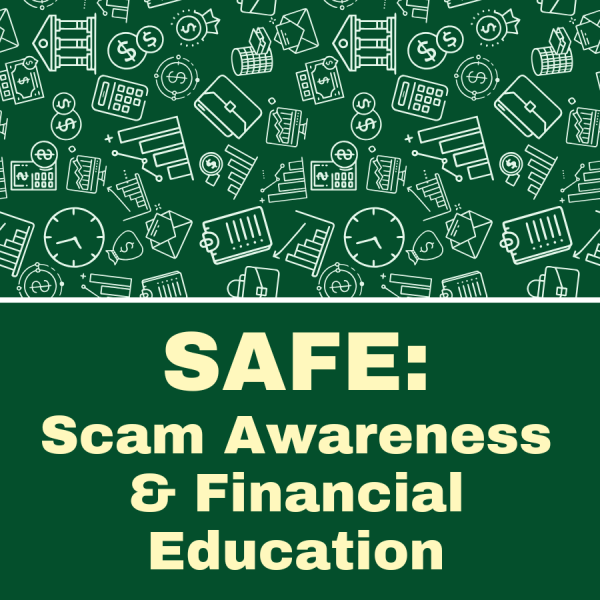 SAFE: Scam Awareness and Financial Education, with pencil drawings of money, banks, clocks, charts, and more