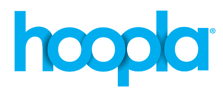 hoopla logo, the word hoopla written in blue script with the two o's as an infinity symbol