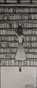 black and white pencil drawing of a girl standing in front of a bookshelf