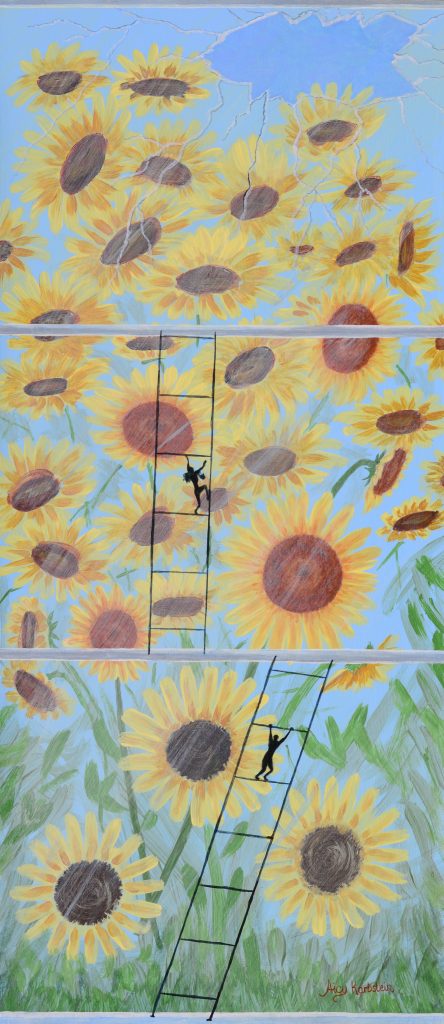 painting of sunflowers with a person climbing a ladder