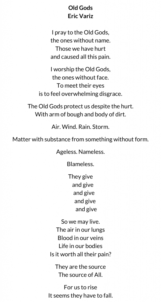 Old Gods Eric Variz I pray to the Old Gods, the ones without name. Those we have hurt and caused all this pain. I worship the Old Gods, the ones without face. To meet their eyes is to feel overwhelming disgrace. The Old Gods protect us despite the hurt. With arm of bough and body of dirt. Air. Wind. Rain. Storm. Matter with substance from something without form. Ageless. Nameless. Blameless. They give and give and give and give and give So we may live. The air in our lungs Blood in our veins Life in our bodies Is it worth all their pain? They are the source The source of All. For us to rise It seems they have to fall.