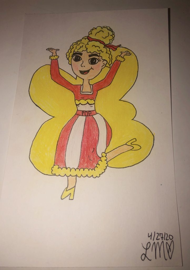 drawing of a woman in a red and white dress with yellow hair and popcorn behind her