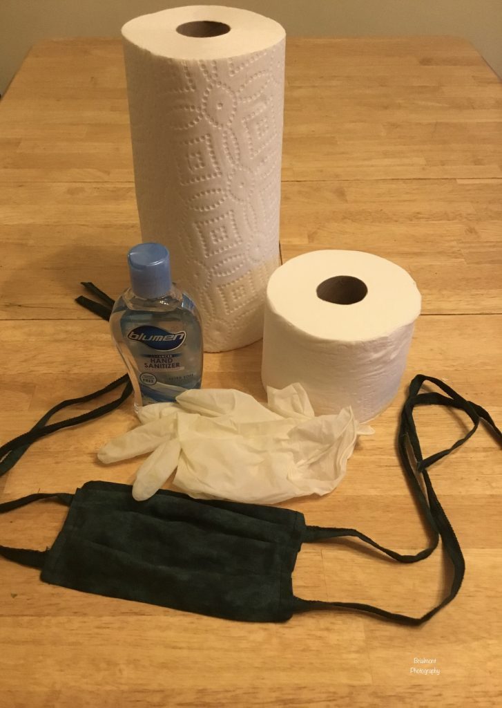 Photo of a roll of paper towels, roll of toilet paper, hand sanitizer, gloves, and a face mask