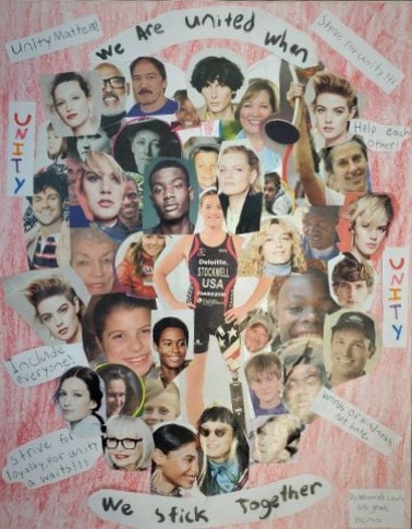 Magazine cutouts of a number of people of all races and sexes, with the words We are united when we stick together