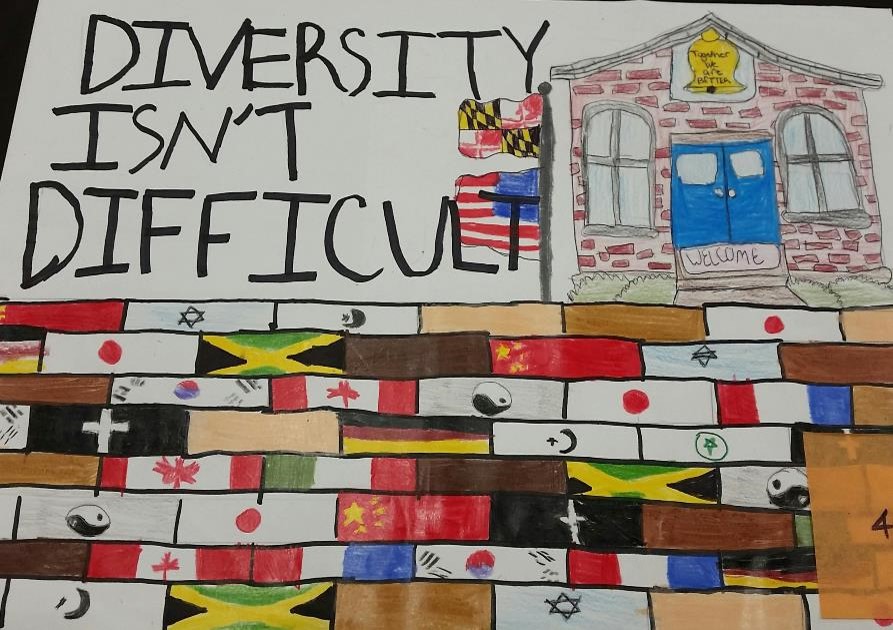 Diversity isn't difficult, with a school building and world flags
