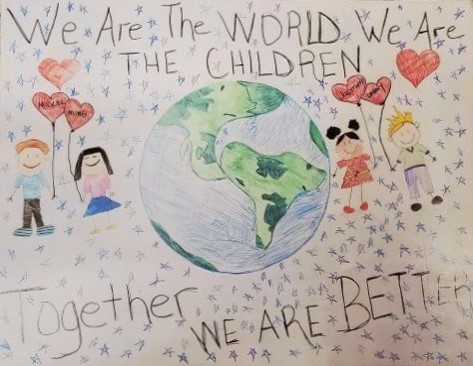 We are the world, we are the children, together we are better, with a globe and four children holding balloons