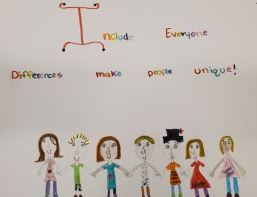 Include Everyone Differences make people unique with 7 hand drawn figures holding hands