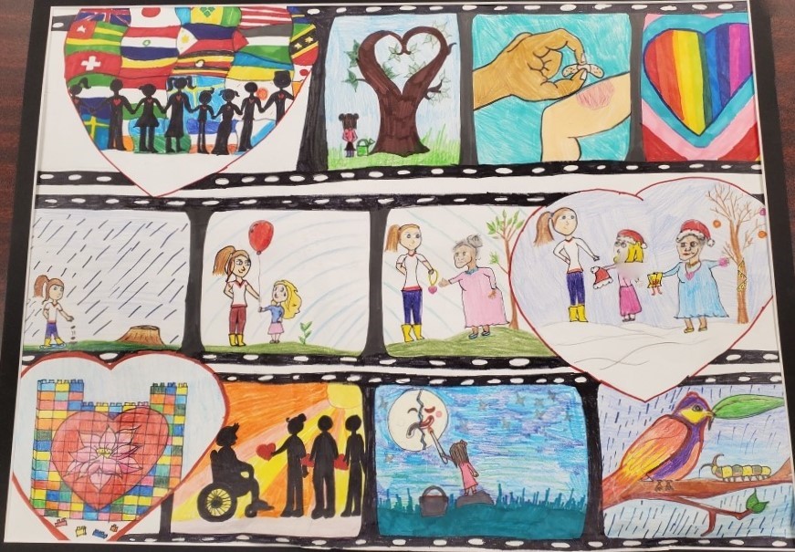A series of hand drawn panels depicting scenes of inclusion, love, and caring