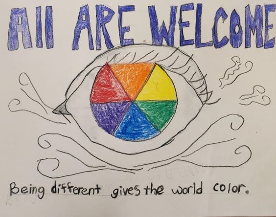 Multi-colored eye with the words All Are Welcome, Being different gives the world color