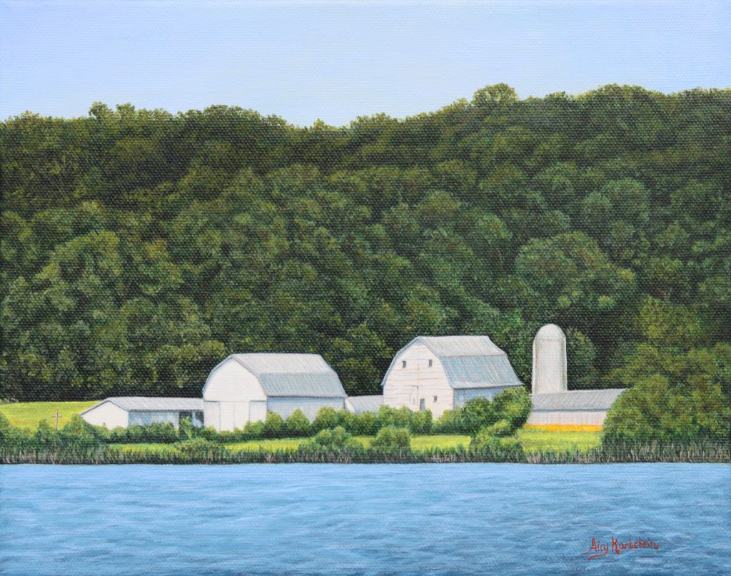 painting of water and a farm on the other side of the body of water