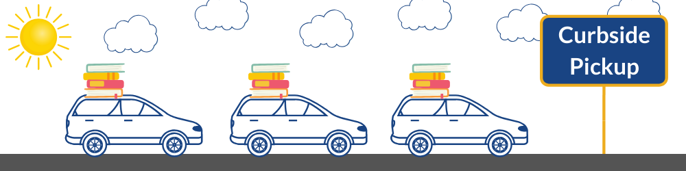 Three cars with books on tops and a Curbside Pickup sign