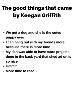 In the quarantine good things happened  We got a dog and she is the cutes puppy ever  I can hang out with my friends more because there is more time  My dad was able to have more projects done in the back yard that shed ad on is so nice  Ummm  More time to read :/