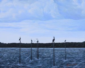 painting of 5 birds on posts in the water