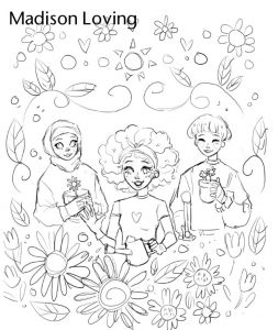 drawing of three girls and flowers