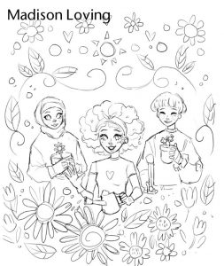 drawing of three girls and flowers