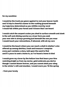 for my sunshine: i would be the trunk you gnaw against to rest your beaver teeth and i’d trip in cheerful clamor to the rustling ground beneath my trajectory determined as you whittle word by word i would fall within your forest and i’d know that i am heard i would catch the serpent scales you shed to surface smooth and sleek in the soft and shining sunrise as a truer form you seek your new skin is always growing just beneath the one you wear i would touch your reinventions, if allowed, with all my care i would be the beach where you can reach a shell in shelter’s size offered up among detritus, trash and treasure i comprise every part contains a story, laid upon the sand to find and it’s yours to seek a home in, as i’ve found a home in kind i would grow my clover by the hollow tree that bears your hive watching bright as from my nectar, gold ambrosia you derive though i cannot bloom forever, and you cannot shed your sting in the winter’s wilt and slumber, i would warm you ‘til the spring - from your lovely