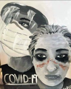 drawing of two health care workers, one in mask and shield, one with bruising on her face from mask