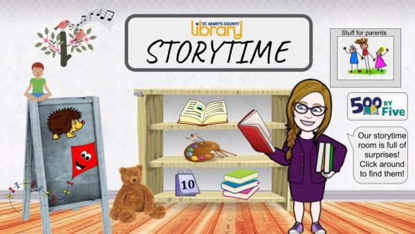 A bitmoji classroom called Storytime. Includes a woman in glasses, bookshelf, teddy bear, flannel board with a kite and hedgehog, sailboat, 500 x 5 logo