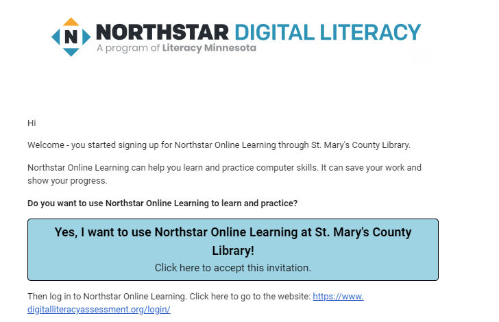 Screenshot of an email inviting the user to click through to set up a Northstar Digital Literacy account