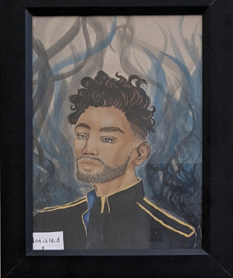Art by Naomi Cole - Drawing of a man with black hair in a black coat with blue and black waves behind him