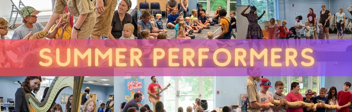 Summer Performers. Six photos of crowds of children watching musicians, reptiles, and actors