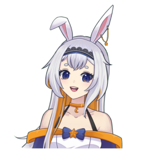 Anime style drawing of a girl with long white hair and bunny ears, wearing a white and orange dress