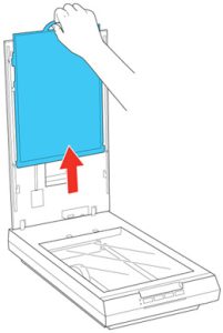 drawing of hand pulling the document mat up and out of the scanner
