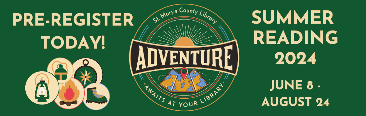 Adventure Awaits at Your Library logo with a map. Pre-register today! Summer Reading 2024, June 8 - August 24