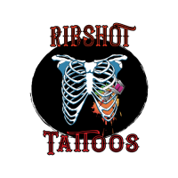 Ribshot Tattoos. a ribcage with a tattoo machine ejecting color