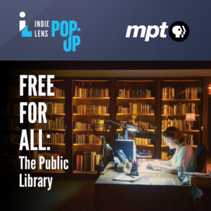 Free for All: The Public Library. Woman sitting at a desk reading in front of a large bookshelf.
