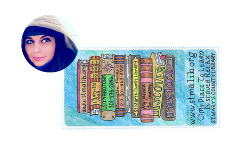 A woman with long dark hair smiles, looking off to the side of the camera. A drawing of a stack of books with library locations and phone numbers.