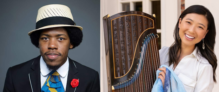 Side by side photos of a Black man wearing a tan brimmed hat, a dark suit jacket with a rose on the lapel, and a blue and yellow tie, and an Asian woman wearing a white shirt and dangling earrings standing with a guzheng