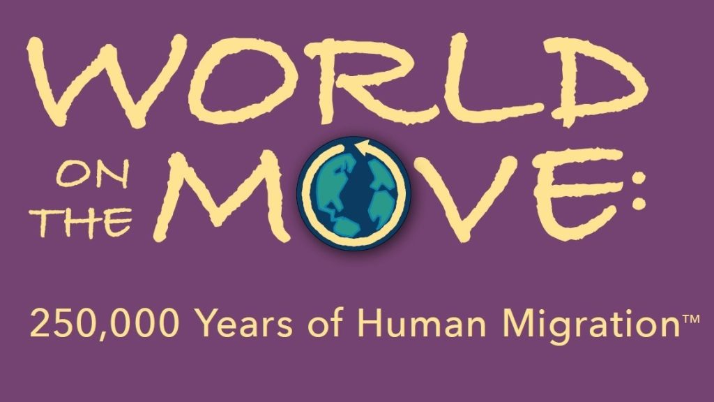 World on the Move, 250,000 years of human migration on a purple background
