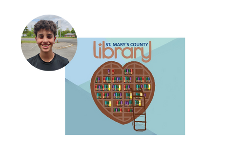 A teen boy with short dark hair smiles at the camera. St. Mary's County Library's logo with a heart-shaped bookshelf full of books with a ladder propped against it.