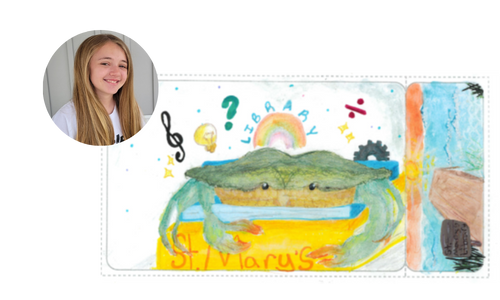 A young girl with long blonde hair smiles at the camera. A blue crab with a music note, question mark, rainbow, and math symbols in the air above it.