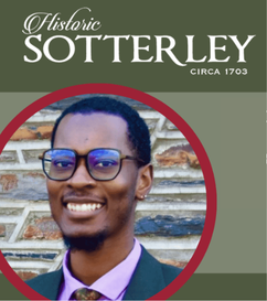 Historic Sotterley logo and a photo of a Black man wearing glasses smiling at the camera
