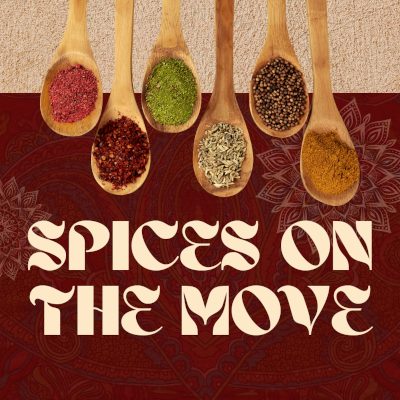 Spices on the Move. Six wooden spoons holding various colored spices