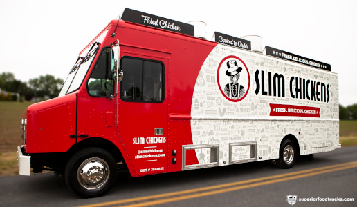 Red and white slim chickens food truck