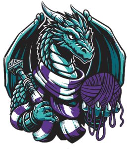 A green dragon holding a purple ball of yarn and wearing a white and purple scarf