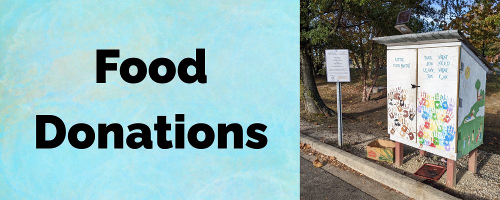 Food Donations. A freestanding wooden food pantry with doors outside.