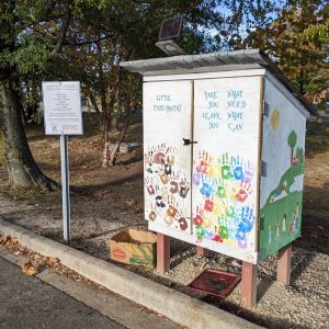 A Little Free Pantry with closed doors, decorated with an outdoor scene