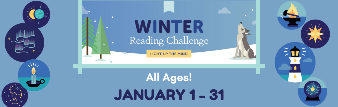 Winter Reading Challenge, All Ages, January 1-31. A winter scene with snow, a wolf, and a variety of winter-themed badges