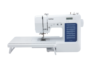 White and blue CS7000X sewing machine, with a table set up under the needle