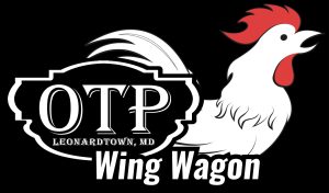 Olde Town Pub Wing Wagon logo, with a white rooster with red comb