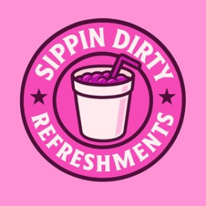 Sippin Dirty Refreshments logo, a drink cup with straw in the center of a pink circle on a pink background