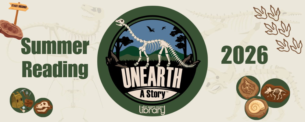 Skeleton of a brontosaurus standing in front of a prehistoric scene with hills, trees, and birds in the sky, Summer Reading 2026