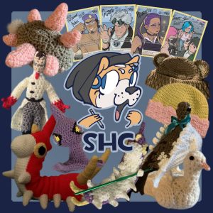 Cartoon image of a dog wearing a hat and holding a pencil. The dog is surrounded by a crocheted animals and hats, and trading cards.