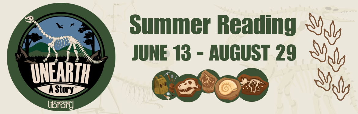 More information about Summer Reading 2026, June 13 through August 29, Unearth a Story. Skeleton of a brontosaurus standing in front of a prehistoric scene with hills, trees, and birds in the sky