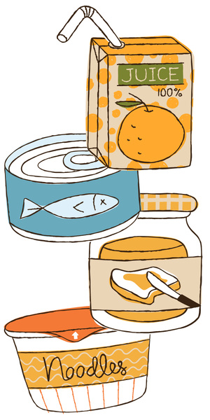 Cartoon images of an orange juice box, a can of tuna, a jar of peanut butter, and a cup of noodles